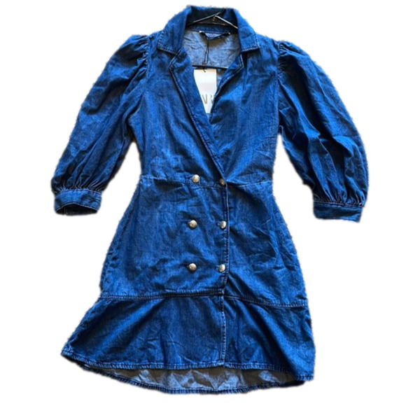 Zara Dresses & Skirts - Zara XS DOUBLE BREASTED DENIM JACKET DRESS PUFF SLEEVE DRESS